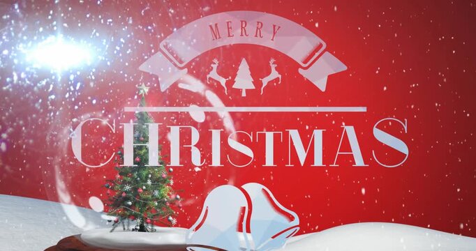 Animation of christmas text over snow globe and christmas tree in winter scenery
