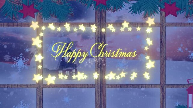 Animation of happy christmas text over glowing fairy light banner against window frame