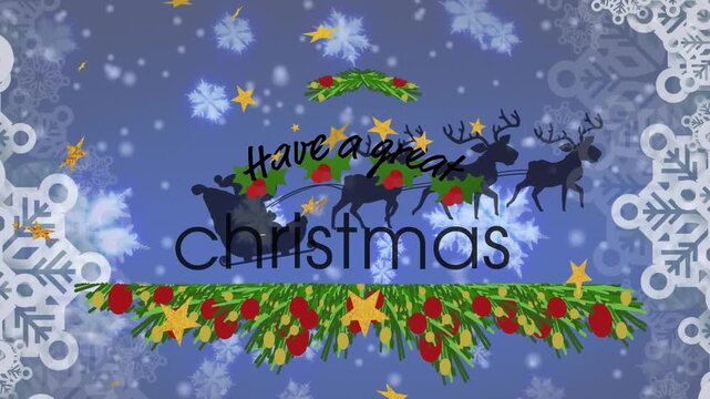 Animation of christmas greetings text, santa claus in sleigh and snow falling over winter scenery