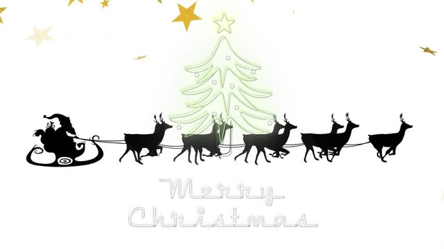 Animation of christmas greetings text, santa claus in sleigh and snow falling over winter scenery