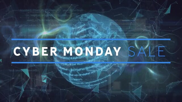 Animation of cyber monday sale text on globe, connected dots forming shapes on abstract background