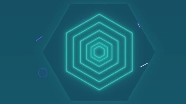 Animation of lines moving around eye and circles over hexagon pattern against blue background
