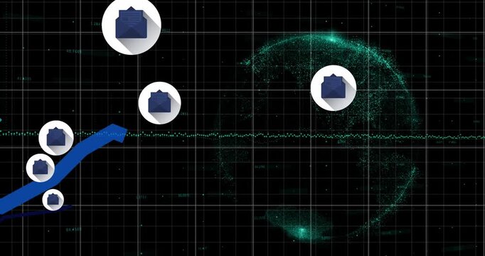 Animation of email icons, lines and financial data processing with globe