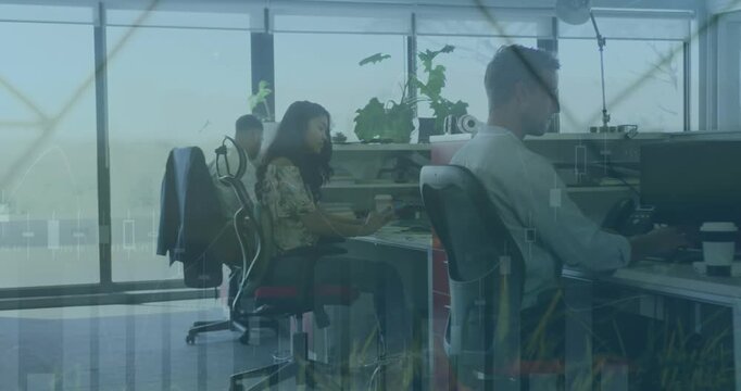 Animation of graphs and changing numbers over diverse coworkers working on computer in office