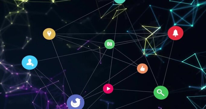 Animation of network of connections with icons on black background