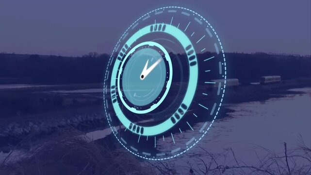 Futuristic clock animation over serene landscape with water and distant train