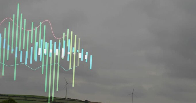 Bar graph animation over landscape with wind turbines and cloudy sky