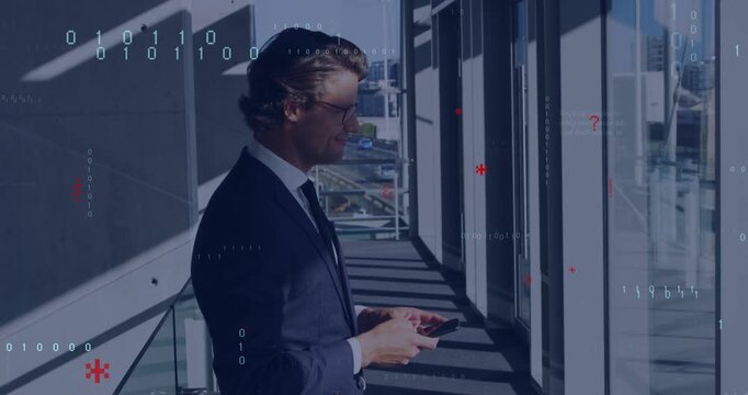 Using smartphone, businessman viewing digital data processing animation overlay