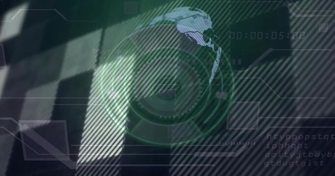 3D rotating digital globe spinning in interface, featuring neon green HUD rings and code overlays