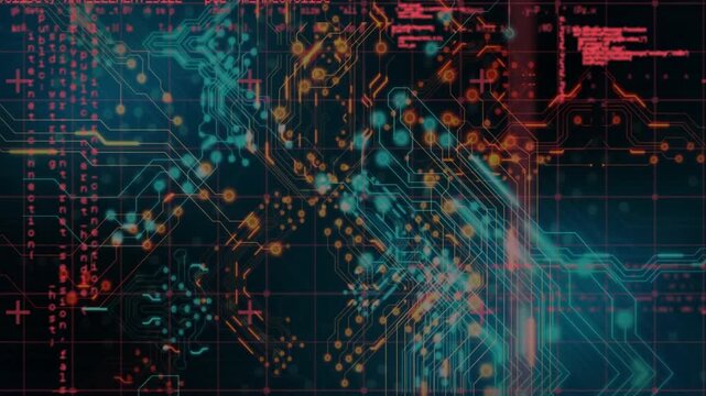Circuit network animation showing grid, pulsing elements, sweeping lines, reconfiguring for demo