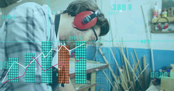 Carpenter activating sander and smoothing wood with animated graphs tracking woodworking metrics