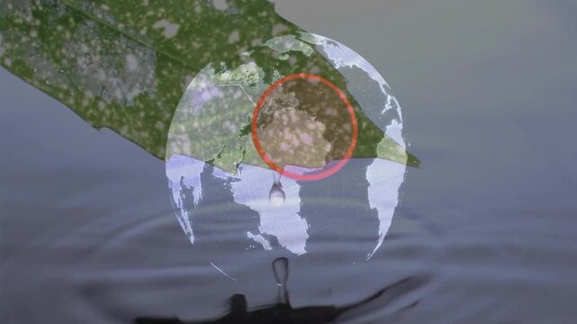 After globe fading airplane flying 01-10 path Asia highlighting droplet falling rippling water
