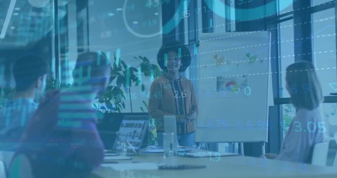 Presenter beside chart pointing and annotating, causing finance overlays drifting, retrieving mug