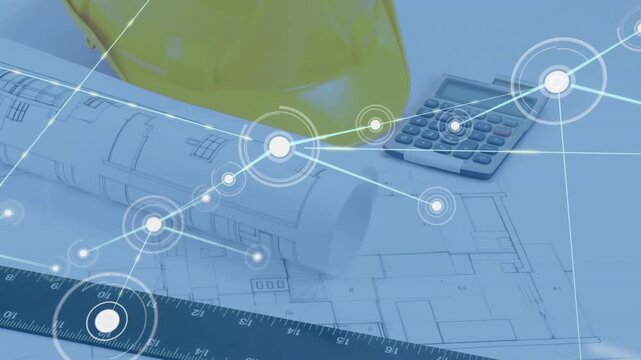 Glowing node appearing on blueprint emitting network across yellow hat illustrating connectivity