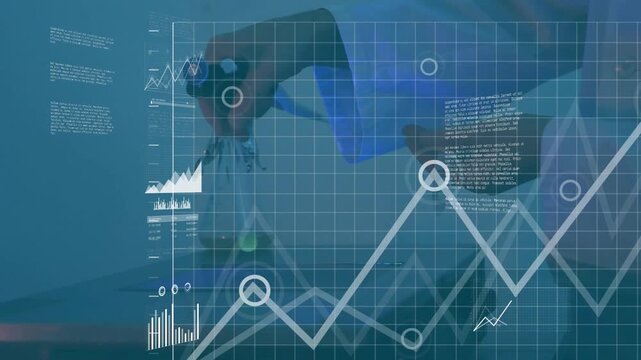 Lab hand reaching, placing conical flask on plate while data overlays animating to monitor reaction