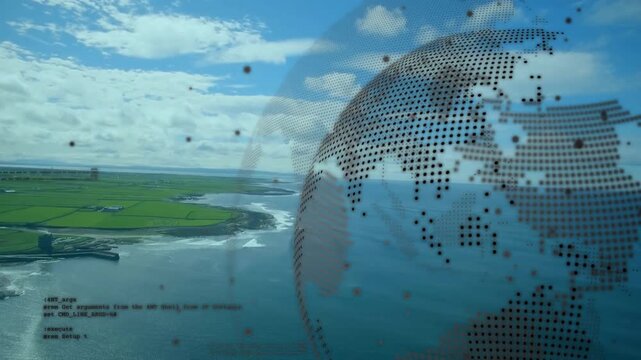 Dotted translucent globe appearing from right, rotating over coastal fields, revealing geodata