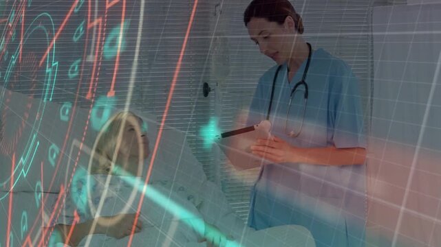 Nurse tapping tablet and noting medical data, patient raising hand and engaging, HUD showing vitals