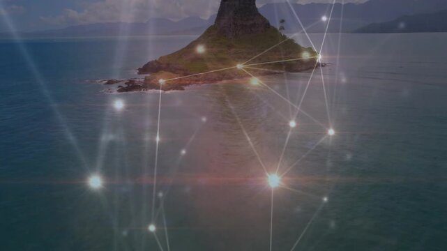 Camera moving onward showing conical island while mesh nodes pulsing, sun flare centering focus