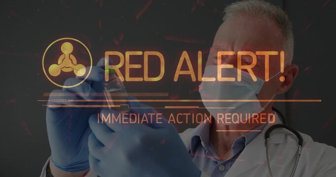 Vertical video: Alert overlay rising senior Dr holding vial rotating checking causing urgent action