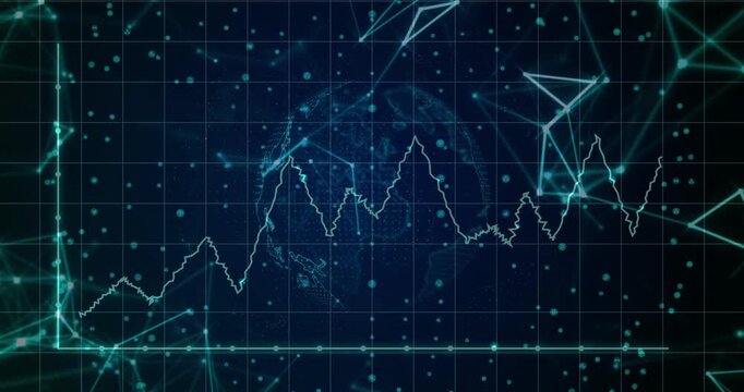 Glowing line drawing from left base, forming waveform, rotating globe, pulsing mesh, showing trends
