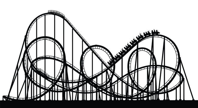 A dramatic black silhouette of a massive looping roller coaster showcases the intricate support beams and a train of excited passengers climbing a steep incline.