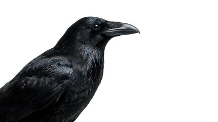 Obraz premium Black raven bird portrait isolated on white background with detailed feathers and beak for wildlife design projects and nature illustrations.