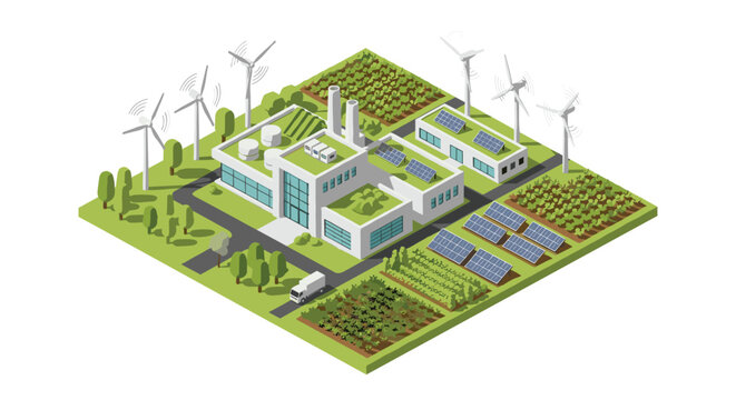 This meticulous isometric industrial complex integrates green roof technology and solar panels with surrounding agricultural fields and multiple wind turbines.