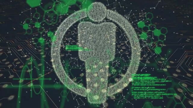 Animation of human model, chemical formulas, data and integrated circuit on black background