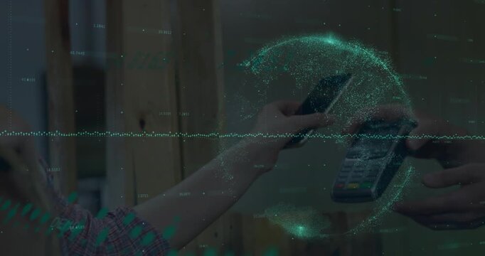 Animation of data processing over hand paying with smartphone