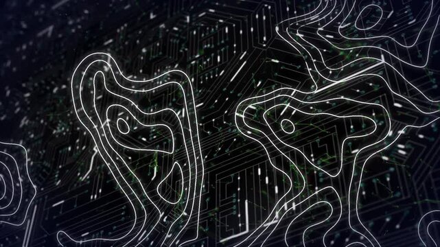 Animation of digital screen with isohypses, lines and integrated circuit