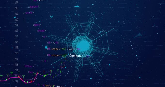 Animation of digital dots connecting with lines and forming globe against programming language