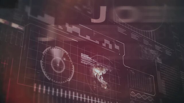 Animation of infographic interface with globe, graphs, maps and looping jobs text