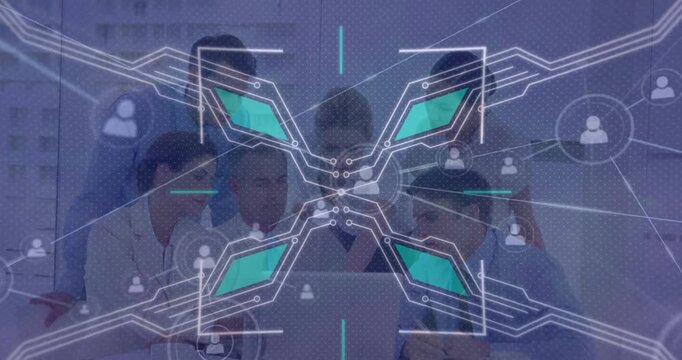Animation of abstract pattern and profile icons over multiracial coworkers discussing over laptop
