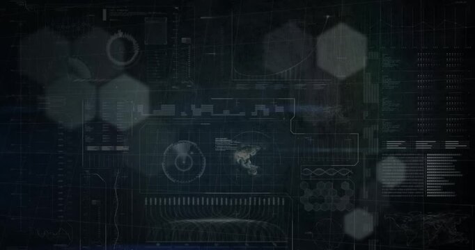 Animation of hexagons over data processing on black background