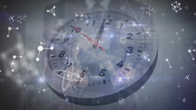 Animation of molecular structures and network of connections against close up of a ticking clock