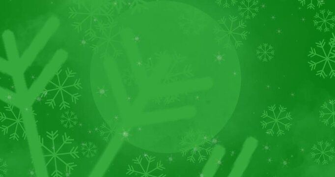 Animation of snowflakes icons falling over round banner with copy space against green background
