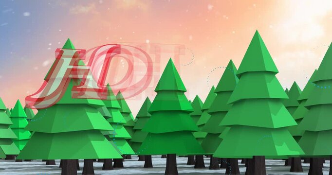 Animation of ho text banner trees on winter landscape against sky