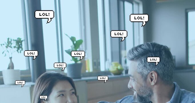 Animation of social media lol text over couple