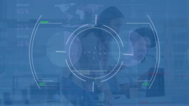 Financial data and graphs are animated over diverse coworkers in an office