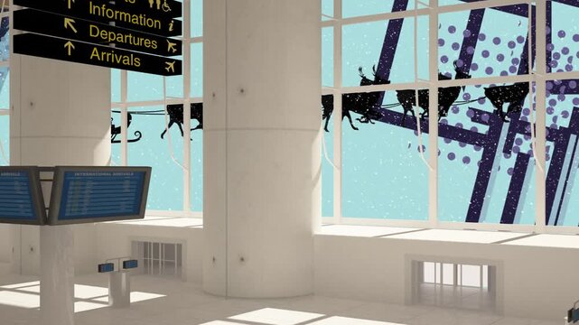 Animation of christmas santa claus in sleigh with reindeer and snow falling seen through window