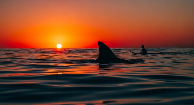 Silhouette of shark fin and surfer at sunset in ocean