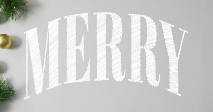 Animation of merry text banner over christmas decorations against grey background