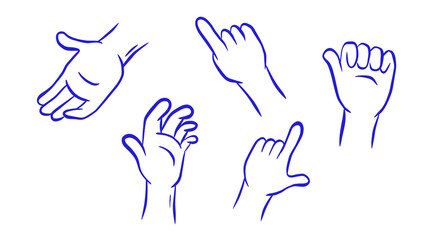 Fototapeta premium Vector illustration of five hand poses: open palm, pointing, grasping, fist, and rock-on gesture in blue line art on a transparent background.