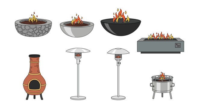 A comprehensive collection of outdoor heating solutions featuring various stone fire bowls and tall silver patio heaters alongside a traditional clay chiminea and grill.