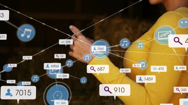 Animation of connected icons, notification bars, caucasian woman using cellphone
