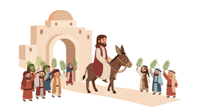 Friendly cartoon illustration of Jesus riding a donkey toward a domed city gate while followers wave green palm branches along a dusty desert path.