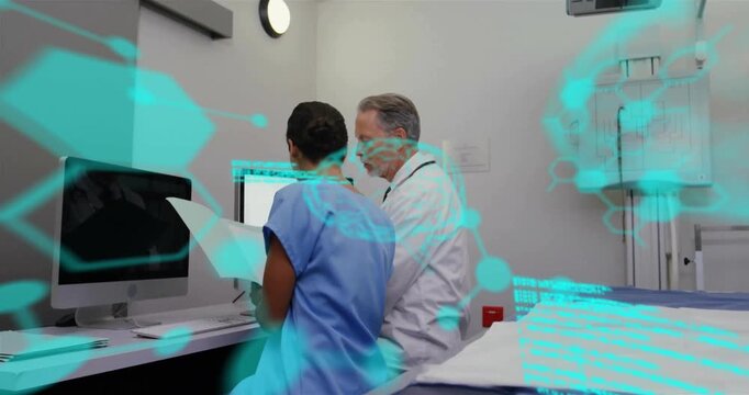 Animation of chemical formula and data processing over diverse doctors in hospital