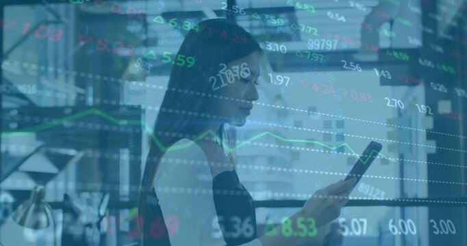 Animation of financial data processing over asian businesswoman using tablet in office