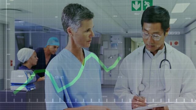 Discussing patient data, healthcare professionals using animated medical chart overlay