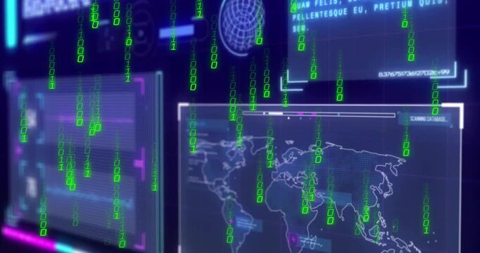 Digital world map with binary code animation over futuristic interface